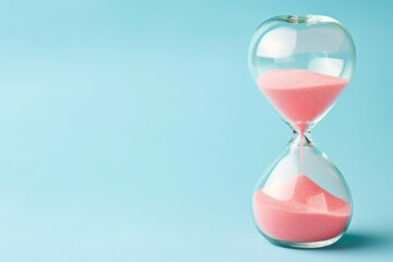 Pink hourglass against a blue background, symbolizing the passage of time in a minimalist, colorful setting