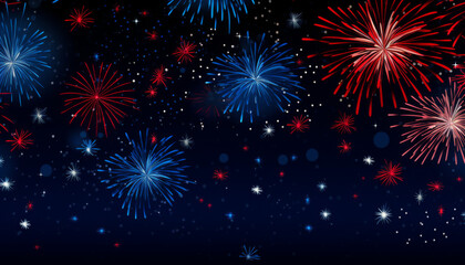 Fototapeta premium 4th of July wallpaper with a pattern of stars, fireworks, and American flags, set on a deep blue background, dynamic and festive design, perfect for celebrating