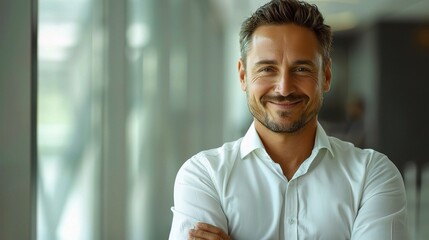 Fototapeta premium businessman with a captivating smile, projecting elegance and poise against a pristine white backdrop