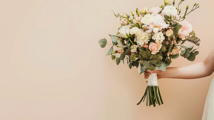 Naklejka premium 花束を持つ女性の手 ベージュ背景