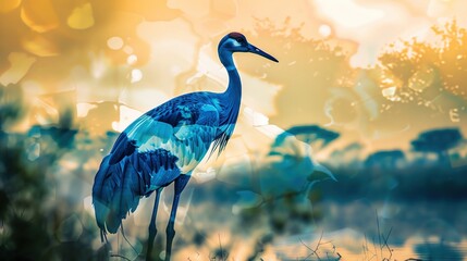 Double exposure silhouette of a blue crane with forest in the background