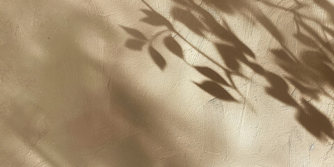  beige brown luxury texture background, smooth stucco wall with soft foliage dappled light of tropical tree leaf shadow, banner poster template, copy space for text	
