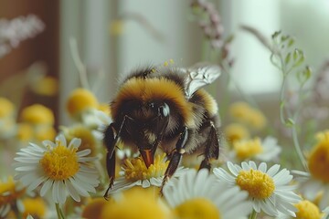 Vibrant Macro Photography of Bumblebee Pollinating Daisy Flowers in Bloom