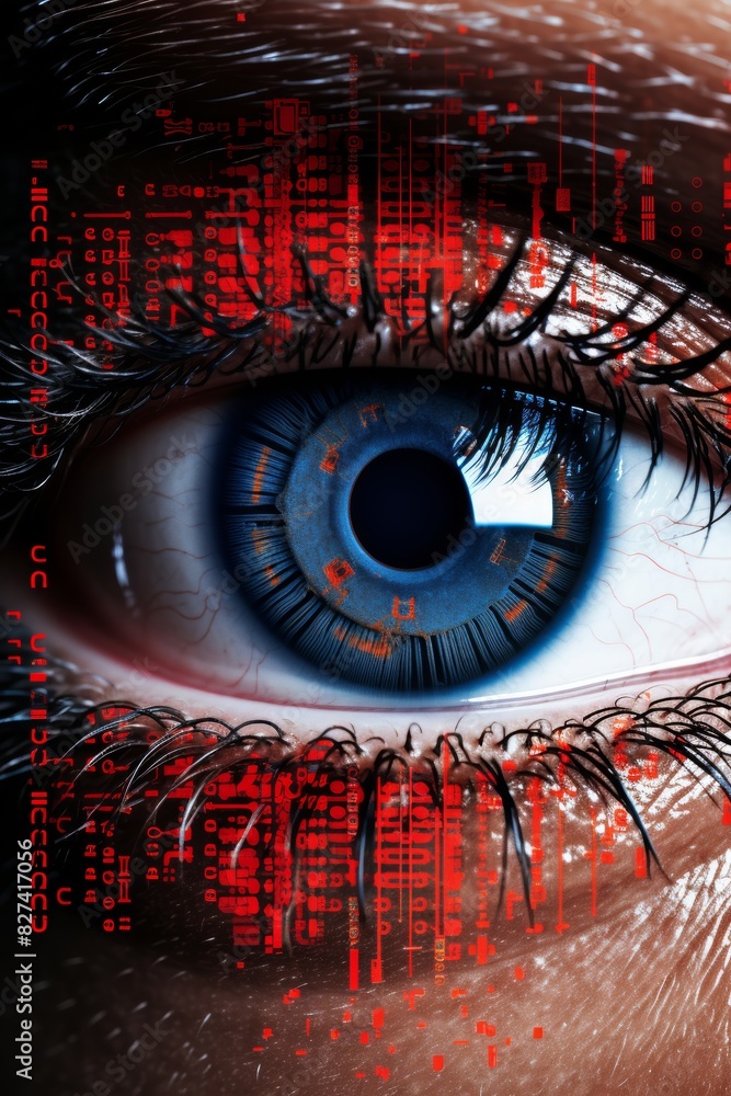 Poster cybernetic vision hacker or ai robot eye in dark technological environment on digital display