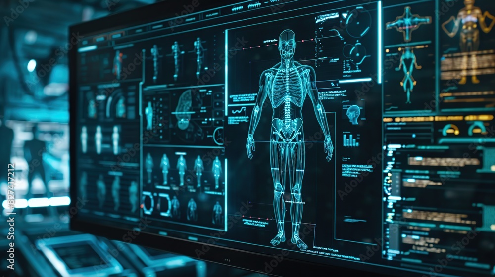 Poster computer monitor displays human body and brain skeleton. the skeleton is shown in different position