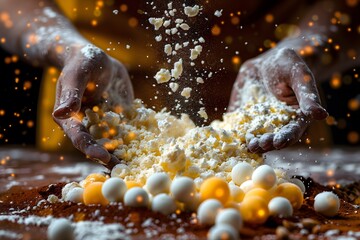 Hands Preparing Dough with Flour, Eggs, and Confetti for Holiday Baking - Perfect for Recipe Articles and Cooking Blogs