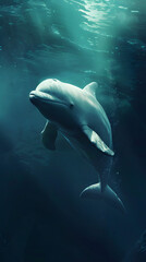 Fototapeta premium A dolphin swimming underwater in a tropical ocean surrounded by fish and coral