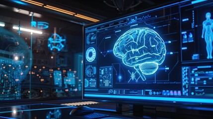 Computer monitor displays the results of a brain CT scan with a lot of information in it. Advanced and modern medical technology concept