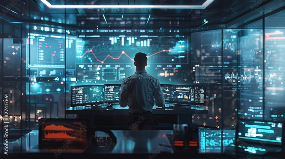 Poster man looks at a computer monitor displaying stock price charts, financial reports and forex