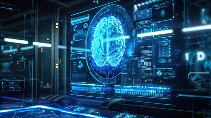 Computer monitor displays the results of a brain CT scan with a lot of information in it. Advanced and modern medical technology concept