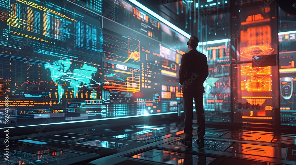 Poster man looks at a computer monitor displaying stock price charts, financial reports and forex