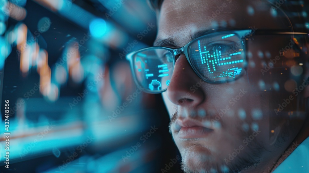 Poster man looks at a computer monitor displaying stock price charts, financial reports and forex