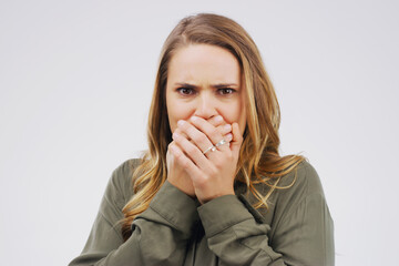 Woman, shocked and portrait or omg for news, announcement and secret in studio on white background....