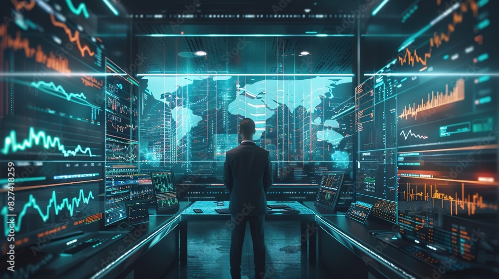 Aufkleber trader or investor is analyzing stock or forex prices on a computer screen in the office