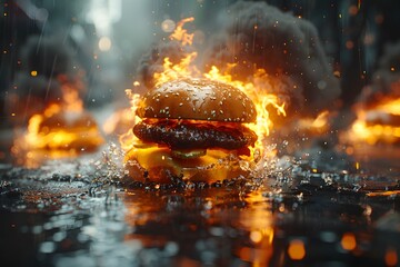 Fiery Burger Concept - Grilling, Culinary Art, Flame and Smoke Effects for Food Advertising