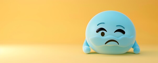 weary emoji on a soft yellow background with space for copy The emoji is light blue with a tired expression