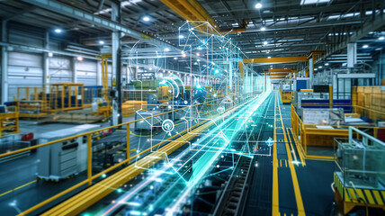 Modern factory interior with digital overlay. Futuristic holographic interface showing industrial automation and smart manufacturing process. Technology and industry 4.0 concept. Aerial view