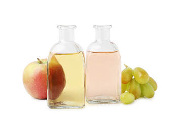 Different types of vinegar and ingredients isolated on white