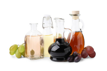 Different types of vinegar and ingredients isolated on white