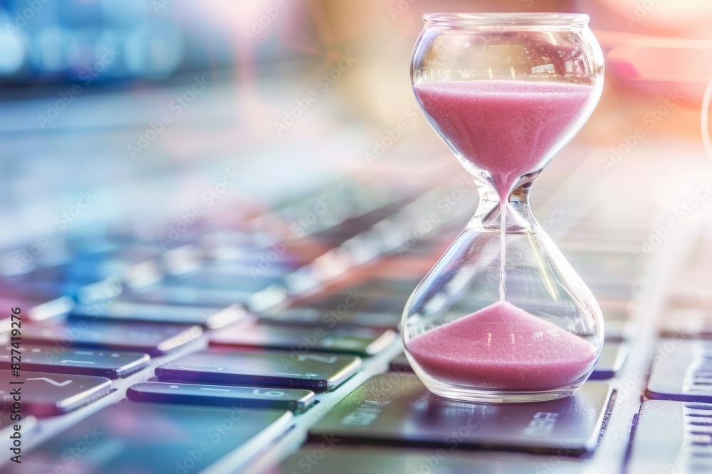 Poster hourglass on a laptop keyboard with a colorful bokeh background, representing time management and di