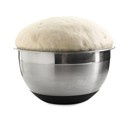 Raw dough in metal bowl isolated on white
