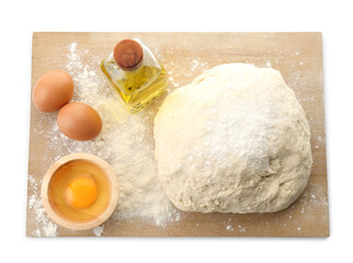 Raw dough and ingredients isolated on white, top view