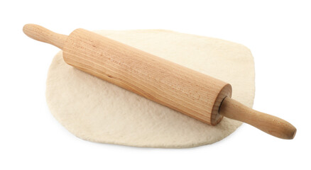 Raw dough and rolling pin isolated on white