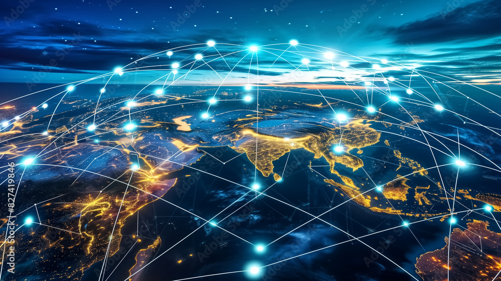 Poster global network connections over earth at night. digital communication and technology concept showing