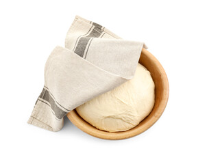 Raw dough in bowl isolated on white, top view