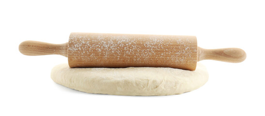 Raw dough and rolling pin isolated on white