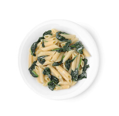 Tasty pasta with spinach and sauce isolated on white, top view