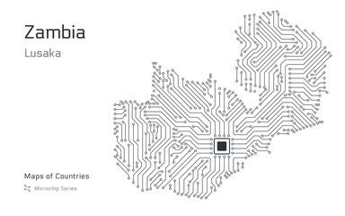 Zambia Map with a capital of Lusaka Shown in a Microchip Pattern. E-government. World Countries vector maps. Microchip Series	