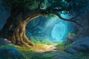 Obraz premium Illustration of A fantasy high-tech forest with glowing pathways, Generative AI. Beautiful simple AI generated image in 4K, unique.