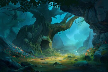 Illustration of  A fantasy high-tech forest with glowing pathways, Generative AI. Beautiful simple AI generated image in 4K, unique.