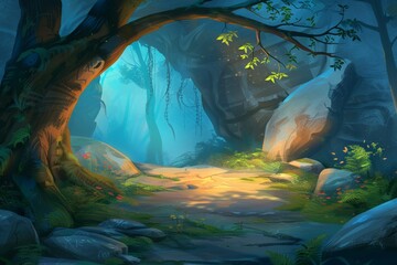 Obraz premium Illustration of A fantasy high-tech forest with glowing pathways, Generative AI. Beautiful simple AI generated image in 4K, unique.