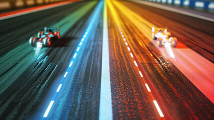 Two race cars speeding on a track with colored light trails. High-speed competition and motorsport event. Low angle view
