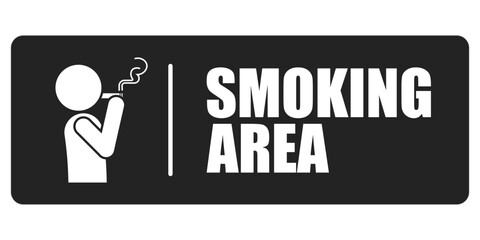 Isolated black minimal smoking area label, with pictogram man smoking cigarette tobacco with smokes