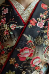Close-up of a woman wearing a black kimono with red and pink floral embroidery