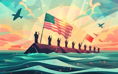 Fototapeta premium Silhouettes of soldiers holding American flags on a pier with a vibrant sky and airplanes. Colorful digital art. Military and patriotic concept for poster and print.