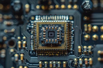 Fototapeta premium A close up of a computer chip. The chip is black and gold