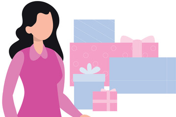The girl is looking at the gifts.