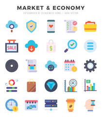 Set of Market & Economy icons in Flat style. High quality Flat Icons symbol collection.