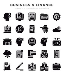 Collection of Business & Finance 25 Glyph Icons Pack.