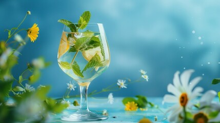 A stunning image capturing the essence of a refreshing cocktail, presented in a transparent glass with vibrant mint leaves and dainty flowers, set against a captivating blue background, evoking a sens