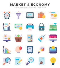Set of simple Flat Market & Economy Icons. Flat art icons pack. Vector illustration.