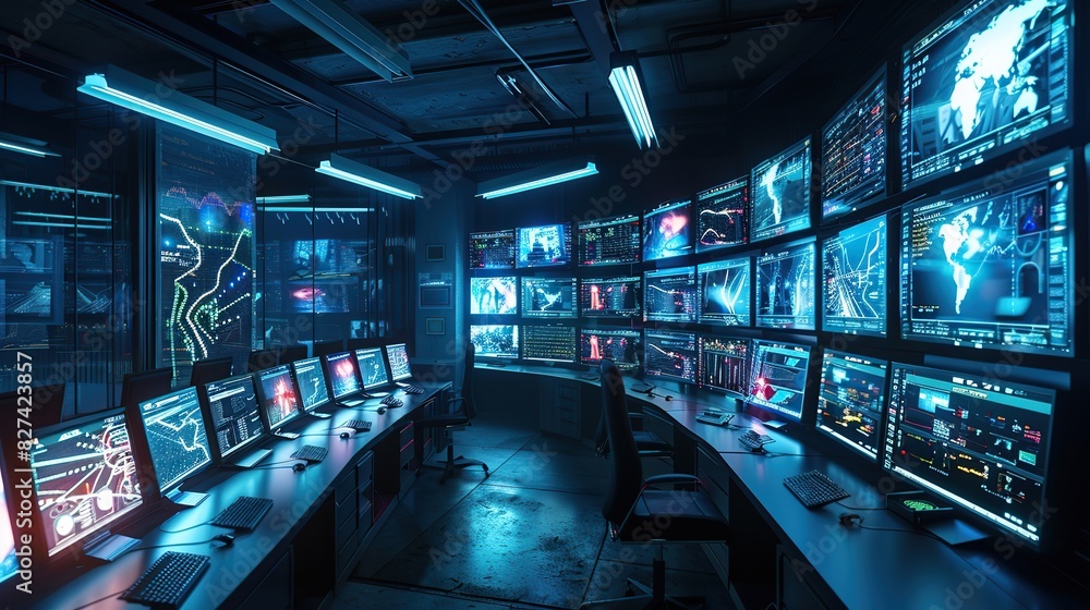 Poster room with many computer monitors in a row and chairs in the middle for a control room concept