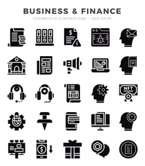 Business & Finance Icons Pack. Glyph icons set. Glyph icon collection set.