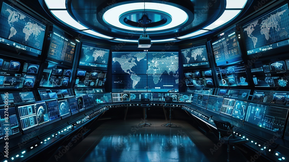 Poster room with many computer monitors in a row and chairs in the middle for a control room concept