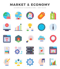 Collection of Market & Economy 25 Flat Icons Pack.