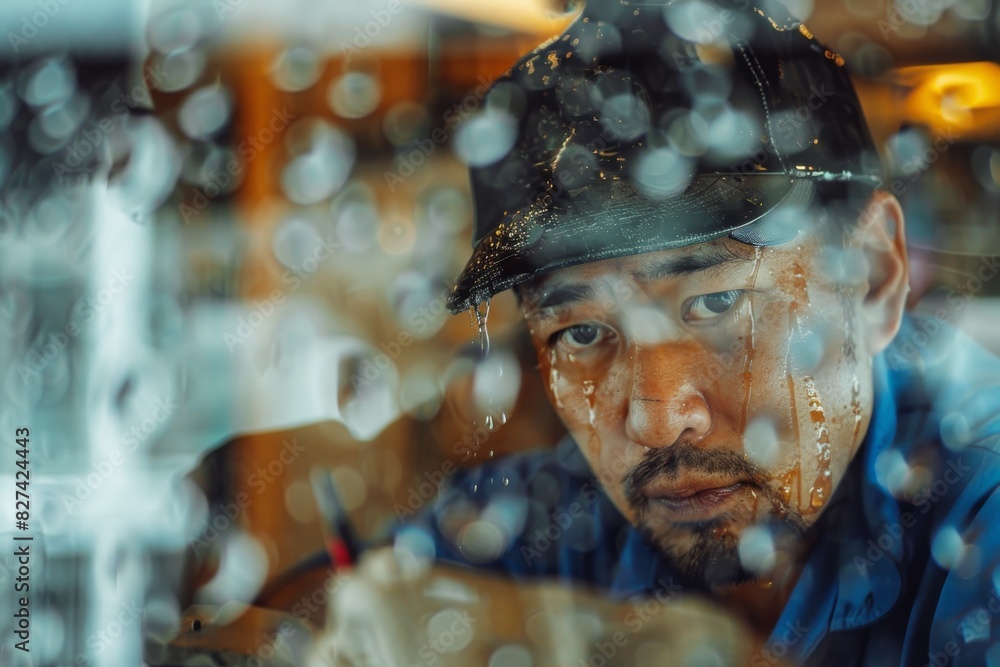 Poster deliberately blurred image of a person with focus on raindrops on a window’s surface